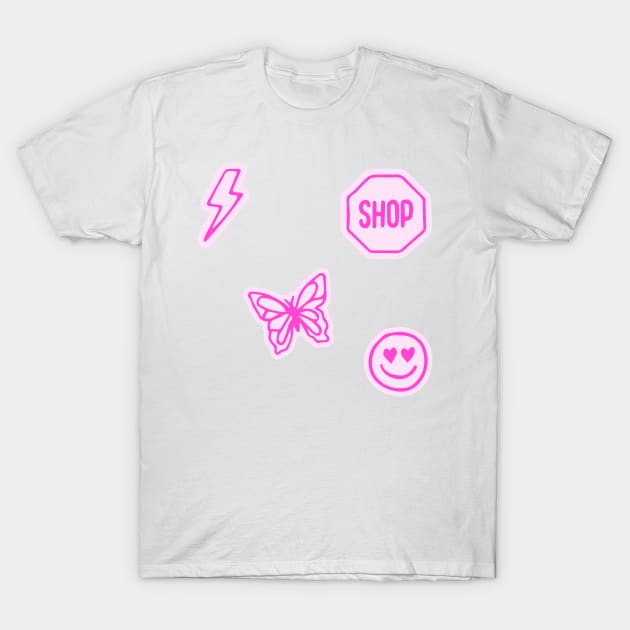 pink set butterfly lightning bolt smiley face shop sign preppy aesthetic pattern T-Shirt by Asilynn